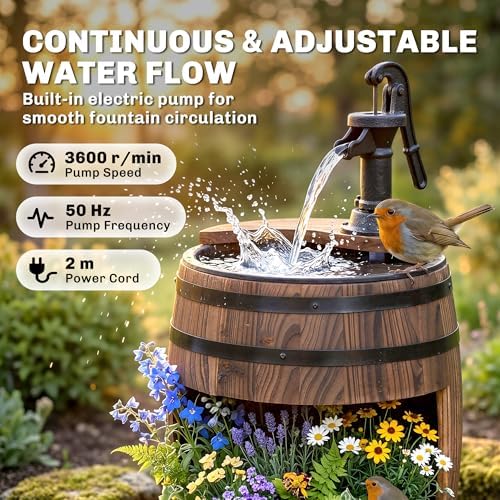 Outsunny 23" H Outdoor Water Fountain Wood and Plastic Rustic Apple Barrel | Pump, Garden Decor, Outside Backyard