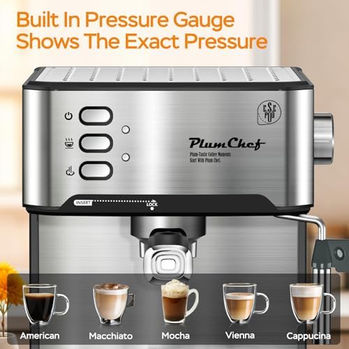 Plum chef Espresso Machine 20 Bar, Household Coffee Maker with Milk Frother Steam Wand, Pressure Gauge, 54oz Large Water Tank, Low Noise Fast Brew for Cappuccino Latte Macchiato Home Office