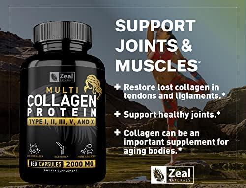 Multi Collagen Peptides Pills (Types Ⅰ, Ⅱ, Ⅲ, Ⅴ, Ⅹ) Grass Fed Collagen Pills (180 Capsules) - Hydrolysate Collagen Protein Blend for Hair