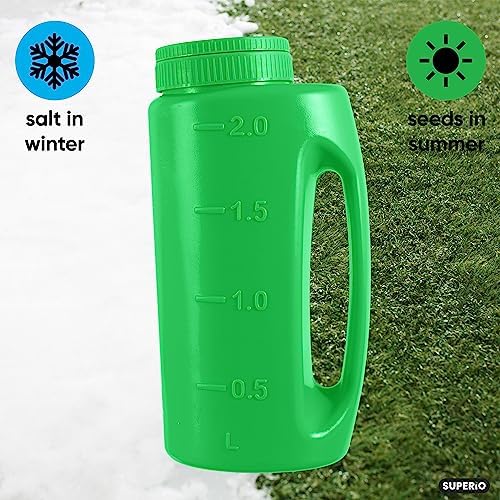 Superio Lawn Seed Spreader, Handheld Shaker for Lawn Seeds, Ice Melt Salt, Calcium, Deicer, Weed and Feed Spreader, 2 Liter, Adjustable Hole Size