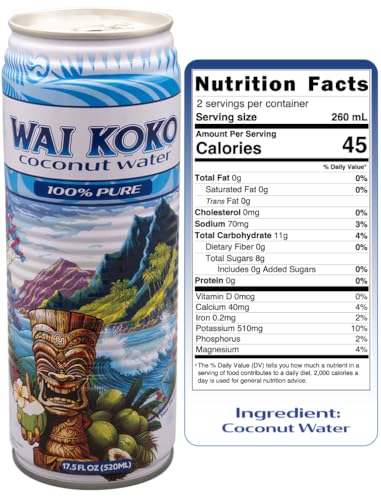 Wai Koko 100% Pure Coconut Water, 17.5 Fl Oz Cans (Pack of 12) | Not from concentrate