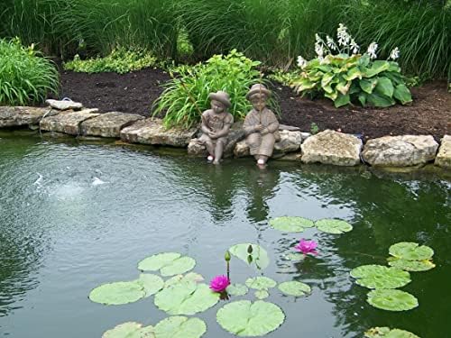 Fishing Boy & Girl Cast Stone Statues - Sculptures - Classic Iron Finish - Great Garden Gift Idea!