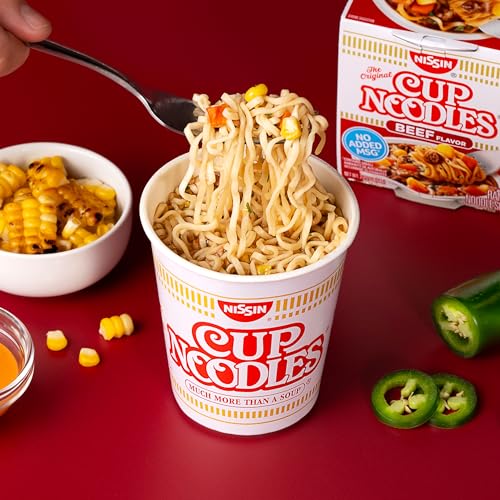 Nissin Cup Noodles Soup, Beef Flavor, Microwaveable Paper Cups, Instant Ramen, 2.25 Ounce (Pack of 12) | Instant Ramen Noodle Soup