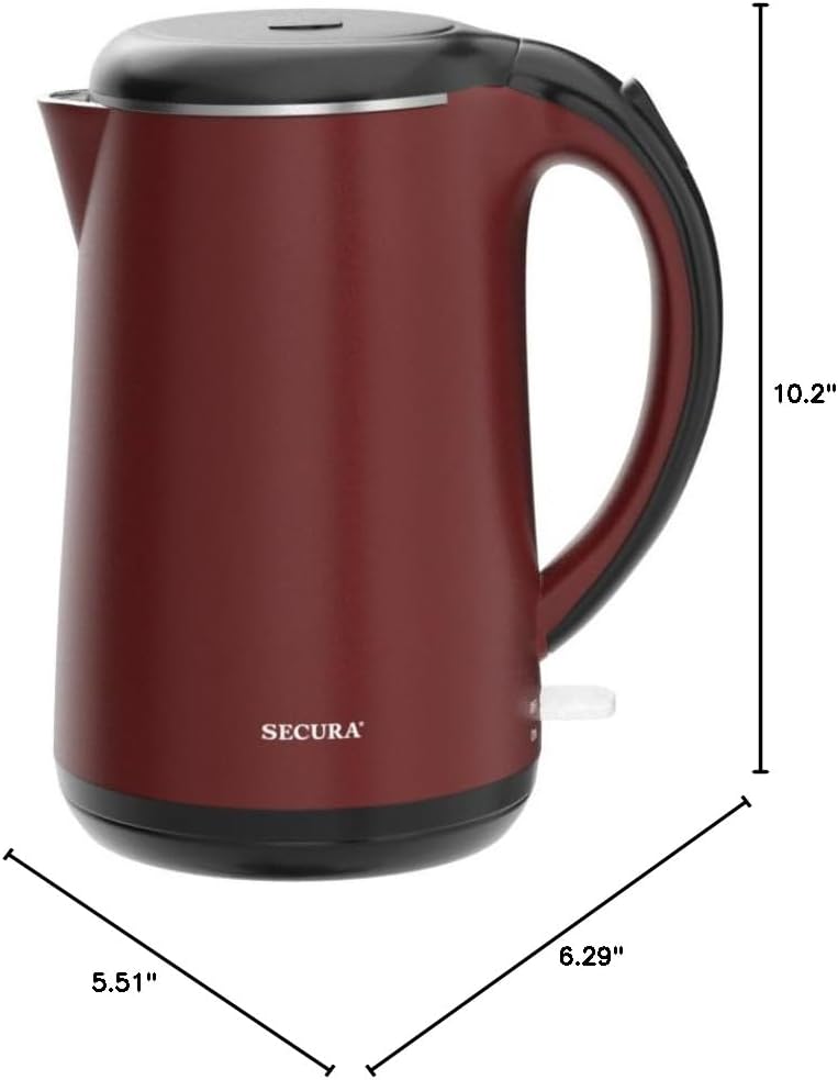 Secura Original Stainless Steel Double Wall Electric Water Kettle 1.8 Quart with Auto Shut-Off & Boil-Dry Protection, Red SWK-1701DR/HB-3227B
