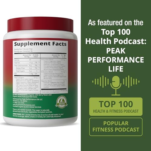 Peak Performance Organic Reds Superfood Powder, Best Tasting Red Juice | Super Food w/ 25+ All Natural Ingredients & Polyphenols