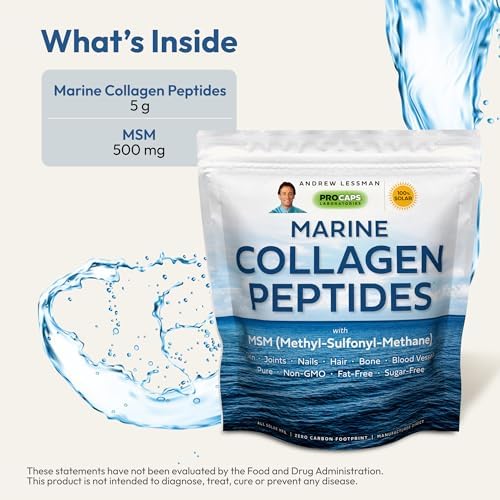 Andrew Lessman ProCaps Marine Collagen with MSM Powder 30 Servings | Marine Collagen with MSM supports healthy skin, joints, bones, hair and nails in a pure, unflavored, super-soluble powder.