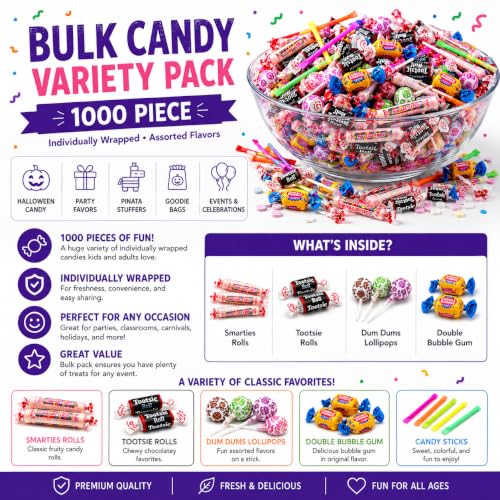 Fun Express Bulk Candy Variety Pack, 9 lb, 1000 Pcs | Individually Wrapped, Assorted Candy Mix, For 4th of July, Halloween, Piñata Filler