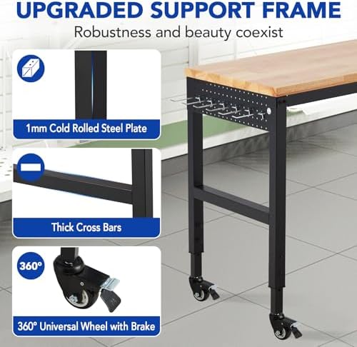 Workbench Adjustable 75' x 25', 2000 Lbs Load Capacity, 29.5"-38.4" Heights Garage Worktable with Universal Wheels & Power Outlet