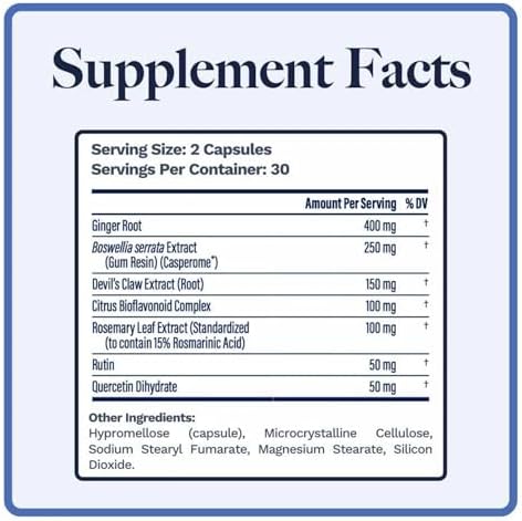 Boswellia Phytosome 250 mg with Casperome, Plus Ginger 400 mg, Devil's Claw & Rosemary AquaROX, Joint Comfort & Healthy Inflammation Response