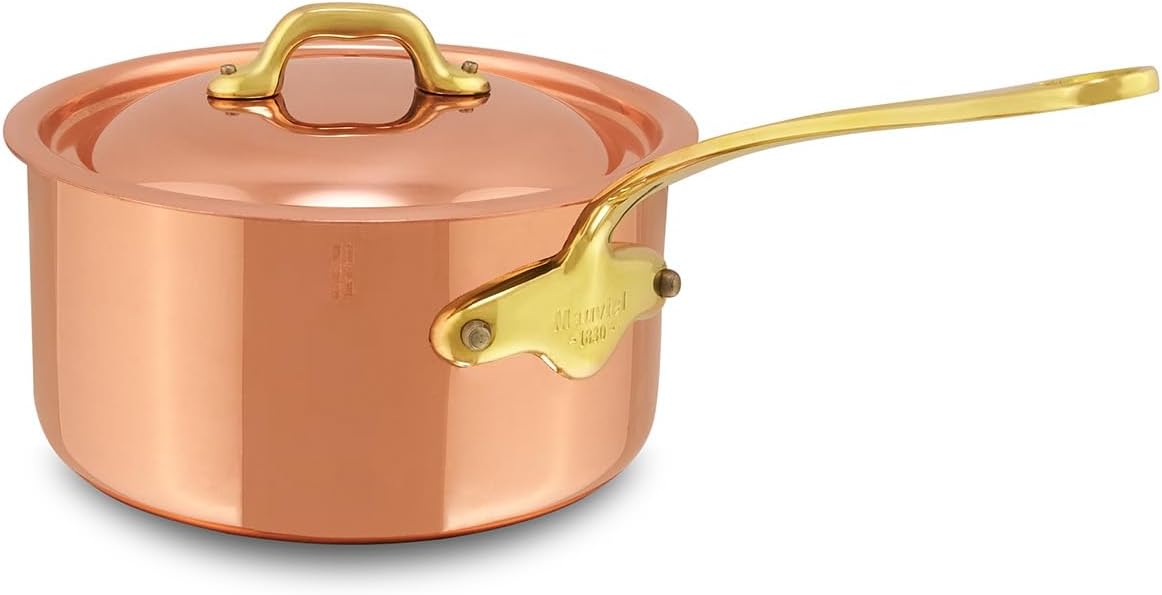 Mauviel M'Heritage 150 B 1.5mm Polished Copper & Stainless Steel Sauce Pan With Lid, And Brass Handles, 1.9-qt, Made in France