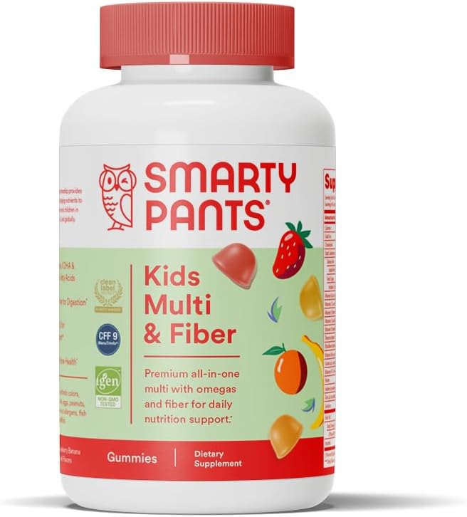 SmartyPants Kids Multivitamin Gummies and Fiber Supplement: Vitamin D3, C, Vitamin B12, B6, A, Zinc, Biotin, Inositol, Fiber Gummies, Three Fruit Flavors, 120 Count (30 Day Supply)