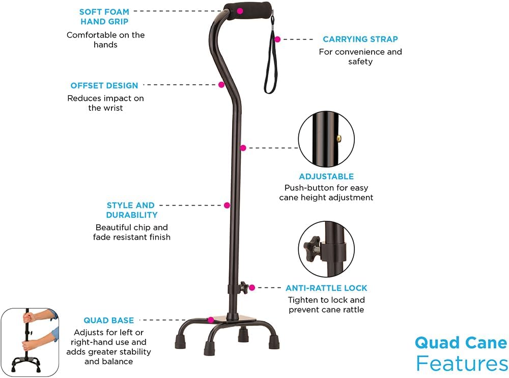 NOVA Designer Quad Cane, Lightweight Four Legged Cane with Soft Grip Handle, Height (for Users 4’11” - 6’4”) & Left or Right Adjustable, Butterflies Design
