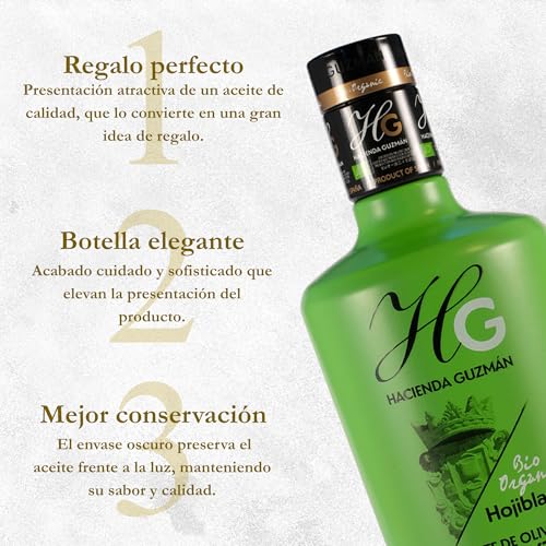 HACIENDA GUZMÁN - Organic and Bio Extra Virgin Olive Oil Hojiblanca. Ideal for grilled or fresh vegetables and white fish. Available in 16.9 FL OZ