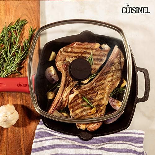 Cuisinel Cast Iron Square Grill Pan + Glass Lid + Pan Scraper + Handle Cover - 10.5" Pre-Seasoned Ridged Skillet - Grill, Stovetop, Fire