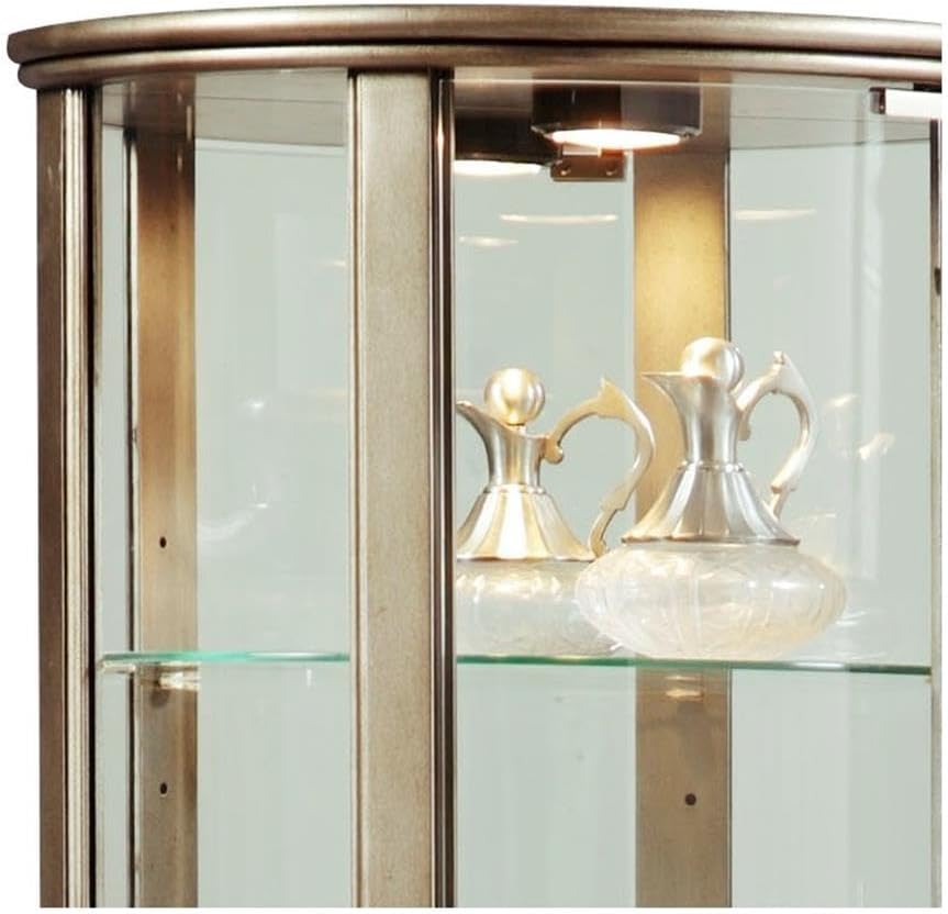 Lighted Hardwood Half Round 5 Shelf Curio Cabinet in Aged Silver Finish