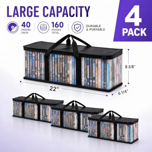 Fasmov Set of 4 DVD Storage Bags Hold up to 160 DVDs (40 Each Bag), Water Resistant DVD Holder Case with Handles