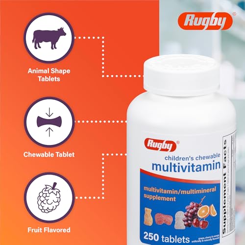 Rugby Children’s Chewable Multivitamin Tablets - Dietary Supplement - Assorted Fruit Flavors - Animal Shapes - 250 Count (1 Pack)