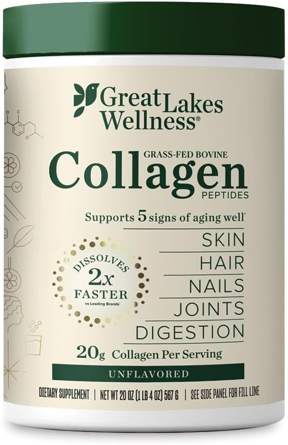 Great Lakes Wellness Collagen Peptides Powder – Supports Skin, Hair, Nails, Joints & Digestion – Hydrolyzed, Non-GMO, Keto & Kosher – Pure Collagen Protein (16 oz, 22 Servings) Packaging may vary