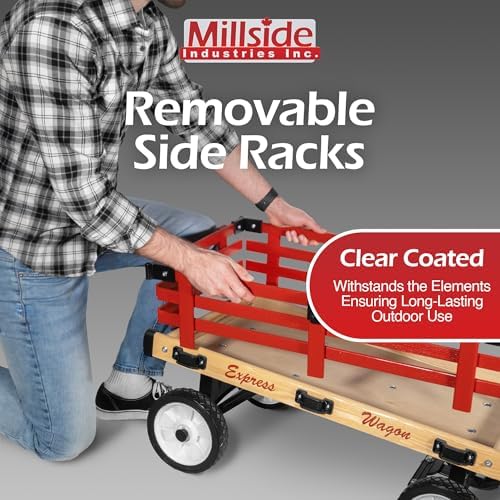 Millside Convertible Wood Wagon Cart with 4 Flat-Free Tires and Sleigh Runners for Outdoor Hauling Through Snow, Red, 16" x 34"