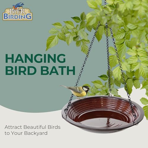 BYER OF MAINE Circles Hanging Bird Bath, Porcelain, Glaze Finish, Adjustable Chain, Sandy Granite, 14”x14”x34” adj