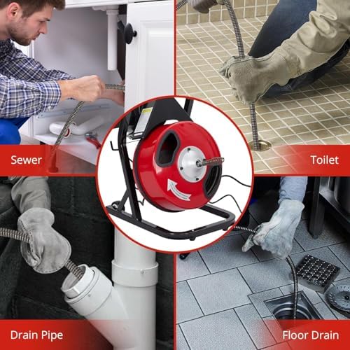 Drain Cleaning Machine, 50FT x 1/2 Inch Professional Electric Drain Auger with 4 Cutters & Foot Switch and Pair of Gloves for 1 to 4 Inch Pipes, Red