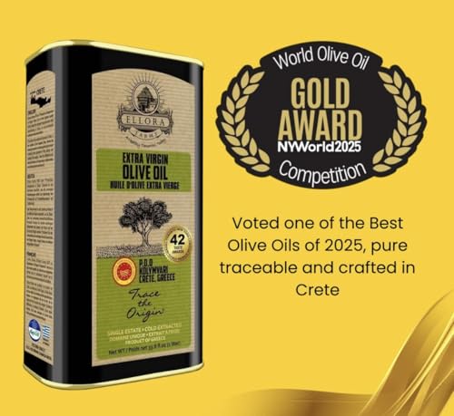 Ellora Farms, Single Estate PDO Greek Extra Virgin Olive Oil, Cold Pressed & Traceable Olive Oil, Kosher, 1 Lt Tin (33.8 oz.), Pack of 4