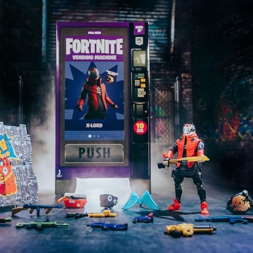 Fortnite Vending Machine, Features 4 Inch X-Lord Action Figure, Includes 9 Weapons, 4 Back Bling, and 4 Building Material Pieces