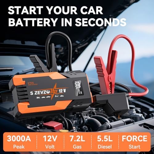 S ZEVZO ET05 Jump Starter 3000A Portable Car Jump Starter Battery Pack (7.2L Gas/ 5.5L Diesel), 51.8Wh 12V Jump Box with USB Ports