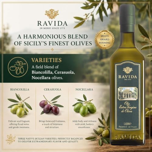 Ravida Extra Virgin Olive Oil, 25 Fl Oz– Multi Award-Winning Sicilian EVOO, Cold Extracted, Medium Fruity, Premium First Cold Pressed Olive Oil