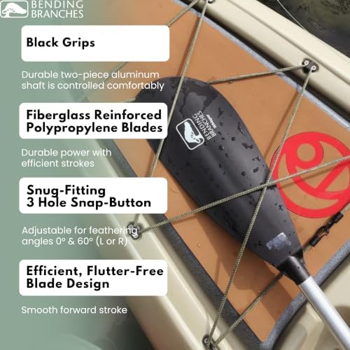 Bending Branches Whisper Kayak Paddle – 2‑Piece Aluminum Shaft, Polypropylene Blades, Adjustable 0°/60° Feathering, Black Comfort Grips, Dihedral Blade Design for Recreational Paddling