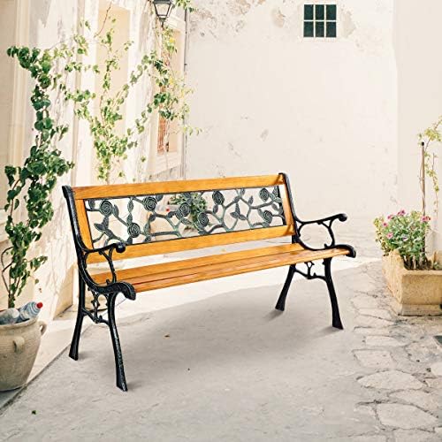 GIANTEX 50'' Patio Park Garden Bench, Outdoor Furniture Rose Cast Iron | Porch Loveseat for 2 Person with Hardwood Frame and Armrest