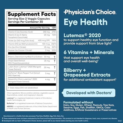 Physician's Choice Eye Health - Lutein, Zeaxanthin & Bilberry Extract - Supports Eye Strain, Dry Eyes
