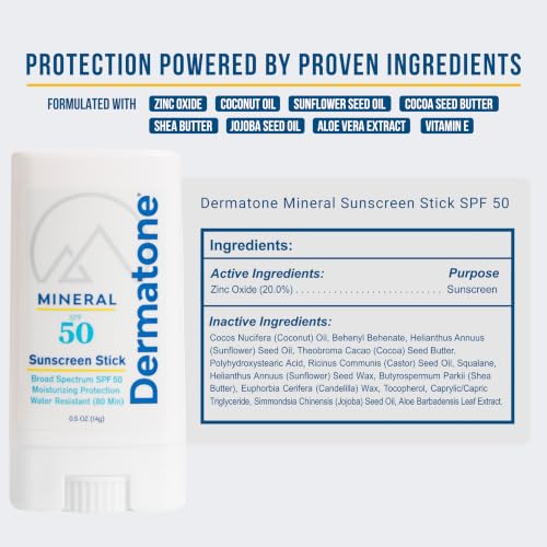 Dermatone Mineral Sunscreen Stick SPF 50 Zinc Oxide | Sunscreen Stick for Face and Body, Broad Spectrum UVA/UVB, Reef Safe, Moisturizing, Water Resistant (80 min), Fragrance Free, 0.5 oz