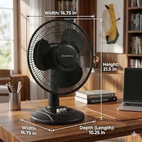 Comfort Zone Oscillating Table Fan with Adjustable Tilt, Convenient Push Button Controls, Quiet, 16 inch, 3 Speed, Desk Fan, Airflow 15.75 ft/sec, Ideal for Home, Bedroom, Dorm & Office, CZ161WT