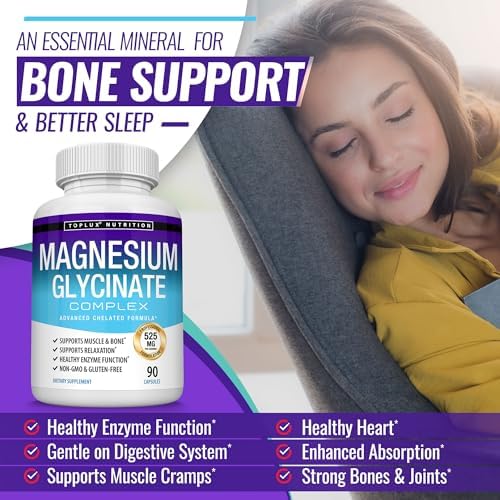 Magnesium Glycinate 525mg - High Absorption Chelated Magnesium Supplement Made with Pure Magnesium Glycinate - Supports Muscles, Sleep, Cramps
