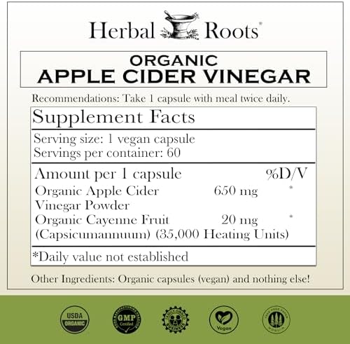 Herbal Roots Organic Apple Cider Vinegar Capsules with Mother - Pure Extra Strength - 60 Vegan Capsules
