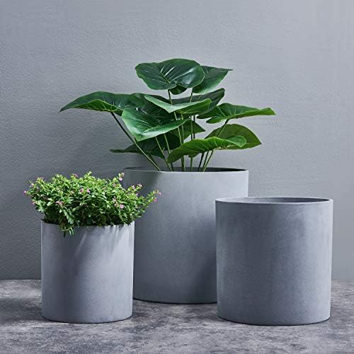FaithLand 14 Inch Fiberstone Planter - Lightweight Modern Cylinder Plant Pot with Drainage Hole & Plug, Indoor Outdoor Use, Matte White