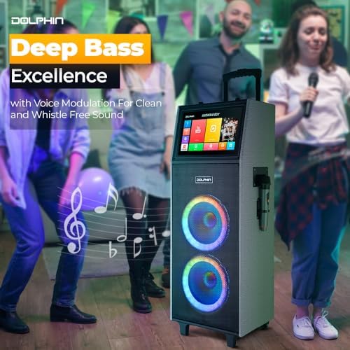 Dolphin KB-2100R Karaoke Machine with 2 Wireless Mics, Dual 10" Woofers | 14" Touchscreen, Android 11.1, Bluetooth, USB, TF, FM & AUX Inputs