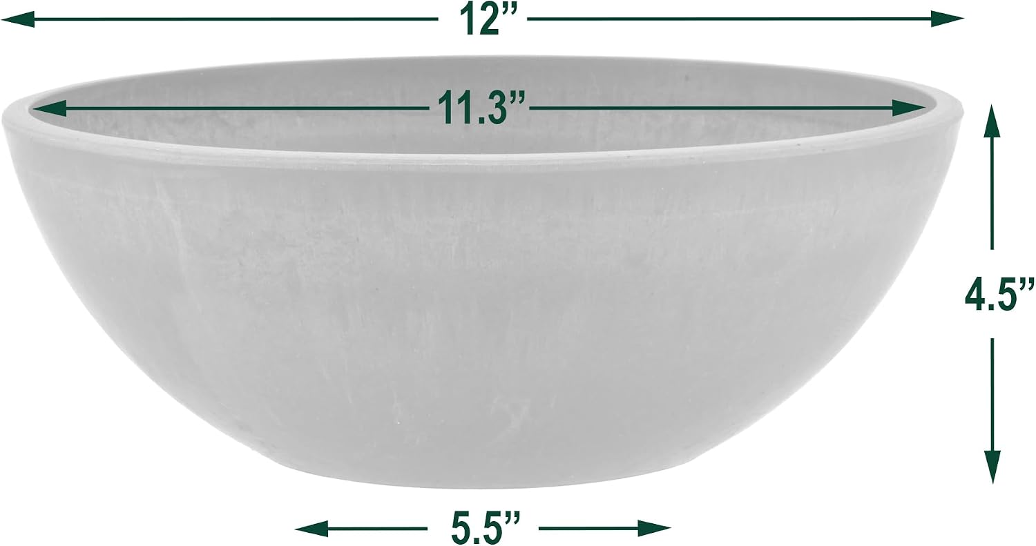 PSW Pot Collection M30DC 12-inch Plastic/Stone/Wood Composite Low Bowl Planter – No Drainage Hole (Drillable), Shallow Indoor/Outer Pot for Succulents, Bonsai, Fairy Gardens, Herbs, Dark Charcoal