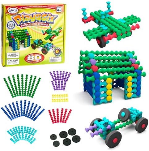 POPULAR PLAYTHINGS Playstix, Starter Set 80 Piece, Building Sticks Kit | for Kids Ages 4 and Up, Construction Stem Building Toy Gift, for Boys & Girls