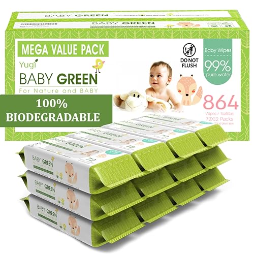Yugi Green Baby Wipes for Babies Unscented, Made with Renewable Plant Fibers, Plant-Based, Fragrance-Free, for Sensitive Skin, 12 Packs, 72 Count
