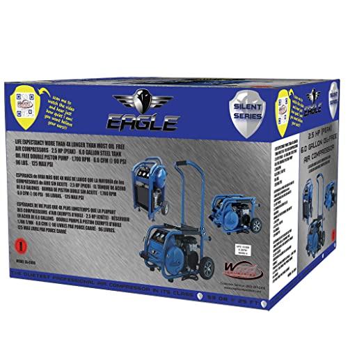 Eagle EA-6000 Silent Series 6000 Portable Electric Air Compressor 125 PSI MAX Hot Dog with Panel and Wheels, Ultra- Quiet, Blue, 6 Gallon