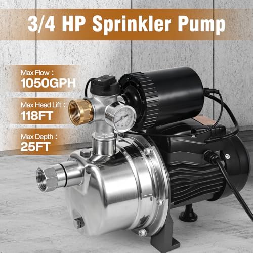 3/4 HP Water Pressure Booster Pump for House, Shallow Well Pump with Pressure Tank, Stainless Steel 1050 GPH 110V Auto On/Off Water Booster Pump