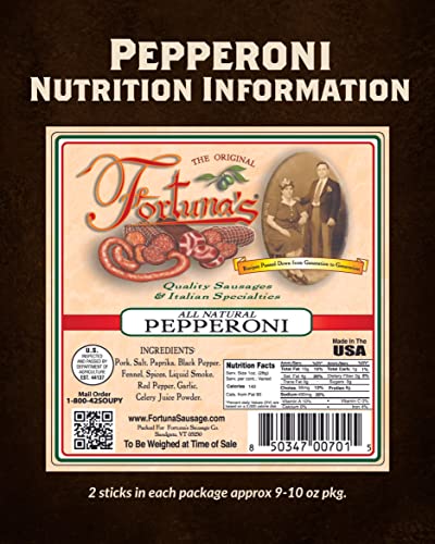 Fortuna's Naturally Cured Pepperoni Sticks 2 x 10oz - Delicious, Nitrate-Free Italian Pepperoni for Snacks, Pizzas, and Salads - Authentic Taste