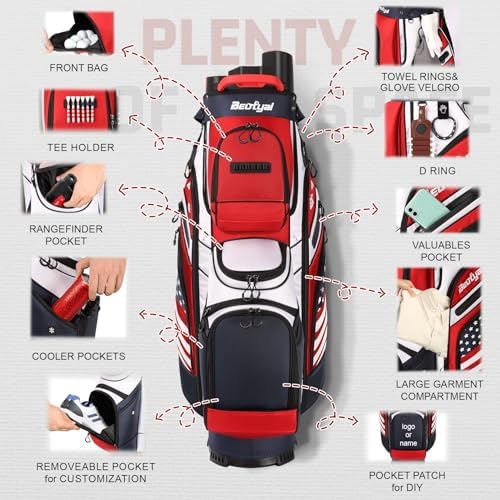 T Lock Golf Cart Bag, 14 Way Full Length Divider Golf Bag for Men | USA Flag Design, 14 Way Full Length Dividers, T Lock Compatible, Cooler Pocket