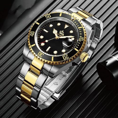 FANMIS Men's Two-Tone Stainless Steel Quartz Watch, Rotating Bezel and Date | Green Dial, Luminous Hands and Markers, Magnified Date Window, Fold-Over Safety Clasp, 30M Water Resistant for Everyday Wear.