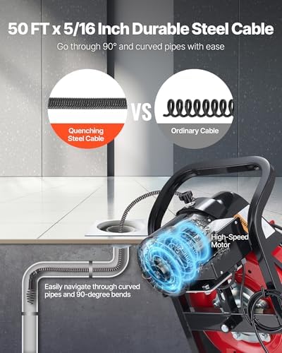 VEVOR Drain Cleaner Machine 75 FT x 3/8 Inch, Sewer Snake Auger Manual Feed with 4 Cutters & Air-activated Foot Switch for 2" to 4" Pipes