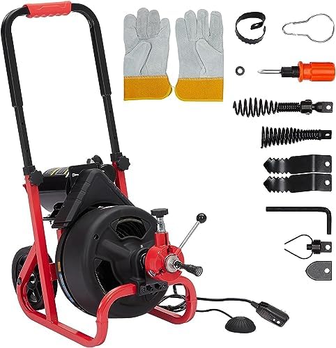 Drain Cleaner Machine - 100Ft x 3/8 Inch, Auto-feed Electric Drain Auger for Plumbing with 6 Cutters, Glove