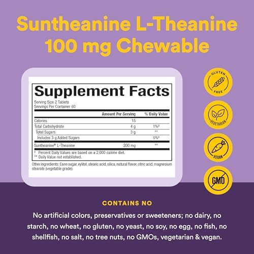 Natural Factors Suntheanine L-Theanine 100 mg - Health Supplement for Calm Outlook - L-Theanine Supplement Supports Relaxing Sleep & Aids Against Drowsiness - 60 Chewable Tablets (30 Servings)