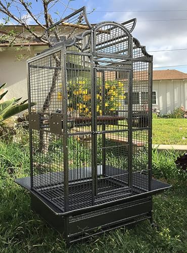 Large Elegance and Durable Wrought Iron Open Play Top Stand Bird Parrot Rolling Cage, Include Metal Seed Guard Solid Metal Feeder Nest Door (White Vein, 24.0" L x 22.0" W x 63.0" H)